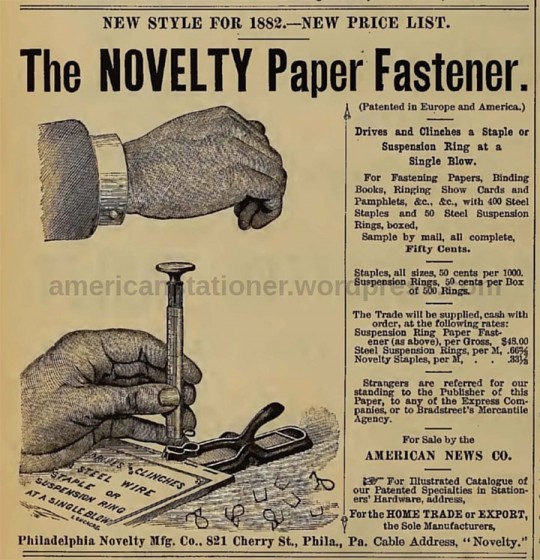 신문에 실린 The Novelty Paper Fastener의 모습 출처: American Stationer