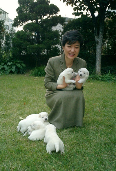 개를 안고 있는 박근혜 후보의 모습. 인간미 넘치는 미소를 보라!