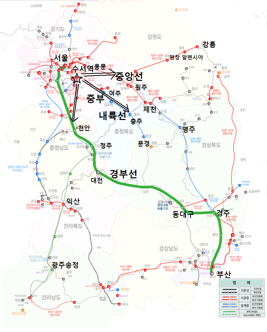 개량 및 신설 계획을 반영한 한국철도의 네트워크. 한국철도시설공단 홈페이지에서