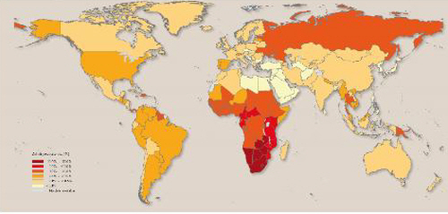 HIV 감염자의 지역적 분포, 세계보건기구 2006년 자료