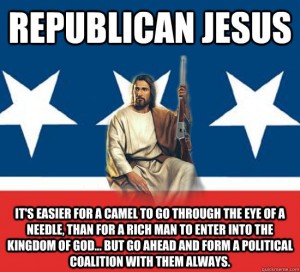 미국 공화당과 정치적 제휴를 맺은 예수님... 미국에서도 대형 교회들은 주로 보수적인 공화당 편이지요.