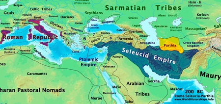 로마는 동진하고 파르티아는 서진해 셀레우코스 제국을 분할 점령하면서 두 제국은 700년이 넘는 분쟁을 겪게 됩니다.