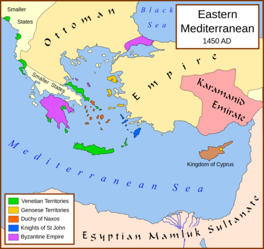 오스만 제국 초기의 카라만 조의 세력. 참고로 지도에서 북쪽 발칸 반도 지역들은 오스만의 봉신들이었다.