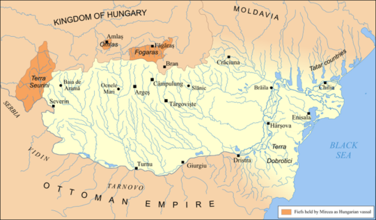 미르세아 1세 시절인 1390년 왈라키아의 영토. 