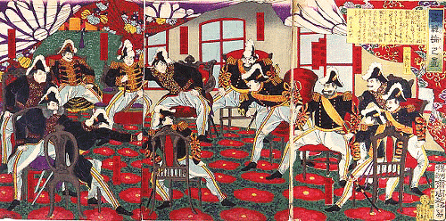 일본풍으로 그려진 서양 복식의 남자들. 메이지 유신 당시의 혼합된 문화적 양상을 잘 보여준다. 