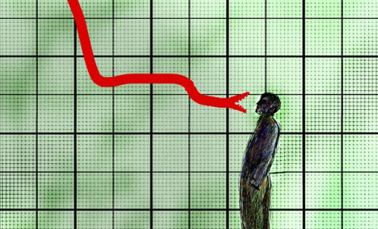Man facing threatening snake on descending graph