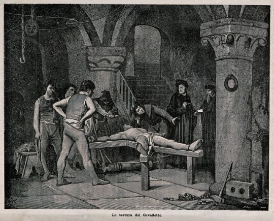 V0041737 A man dressed in a loincloth is tortured on the rack with a Credit: Wellcome Library, London. Wellcome Images images@wellcome.ac.uk http://wellcomeimages.org A man dressed in a loincloth is tortured on the rack with a priest bending over him to extract a confession. Wood engraving by B. Pug after J.M. By: J. M.after: B. PugPublished: - Copyrighted work available under Creative Commons Attribution only licence CC BY 4.0 http://creativecommons.org/licenses/by/4.0/