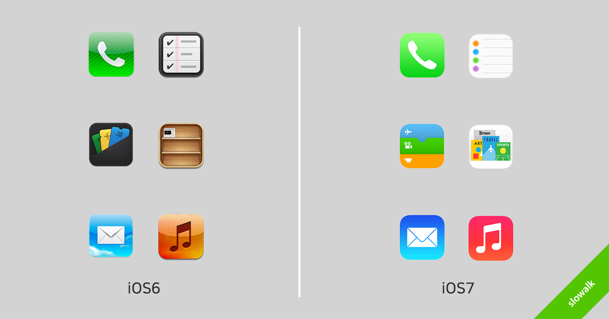 iOS의 스큐어모픽 디자인(좌)과 플랫 디자인(우)